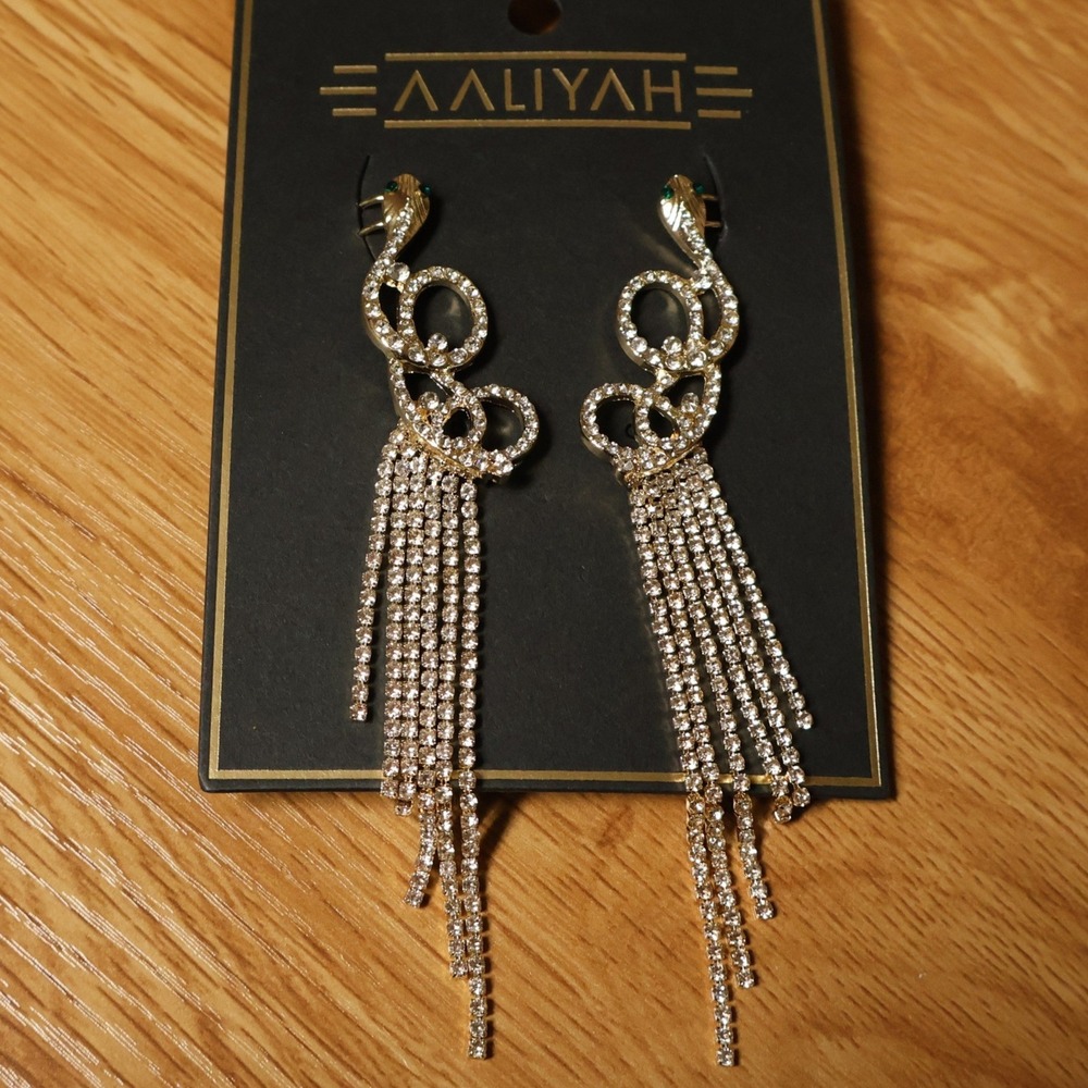 Aaliyah‎ Snake Rhinestone Fringe Crawler Earrings Womens Gold Tone Statement